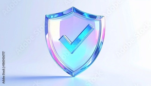Obraz Iridescent, translucent shield with checkmark inside, against a light gradient