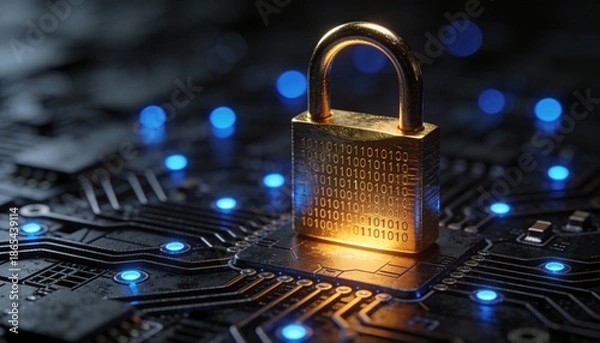 Obraz Futuristic cybersecurity concept featuring a glowing cyber padlock surrounded by binary code and digital circuit elements. Big data visualization on a dark technology background
