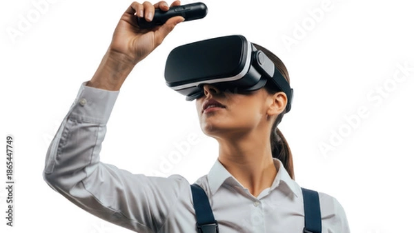 Obraz Woman using VR headset and controller, isolated on transparent background