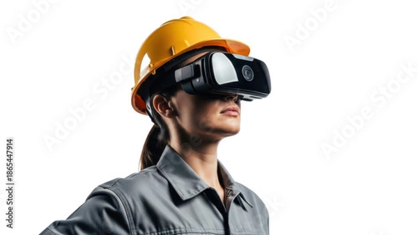 Obraz Construction worker using VR headset isolated on transparent background