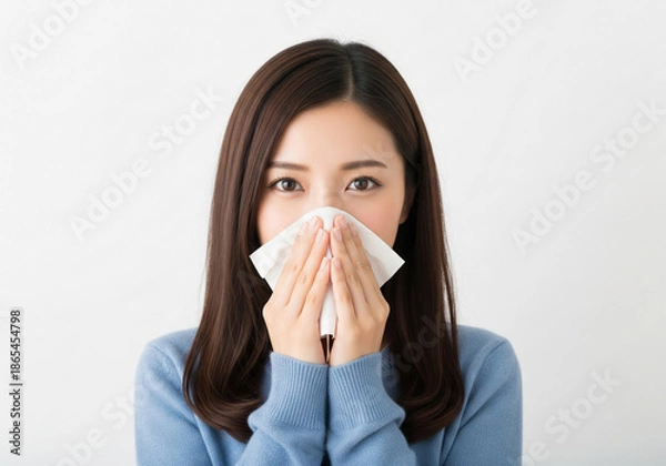 Obraz ティッシュで鼻をかみ体調管理に気をつける女性