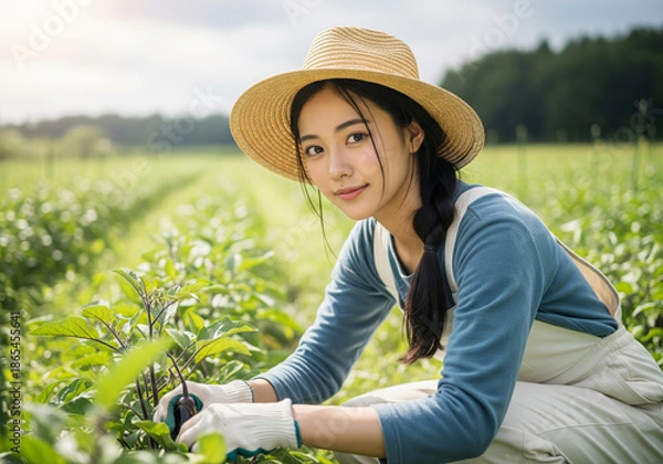 Obraz 陽光が降り注ぐ豊かな農園でナスの収穫を楽しむ麦わら帽子の女性