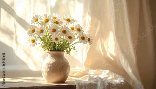 Obraz 창가에 놓인 도자기 화병의 흰 데이지 White Daisies in Ceramic Vase by Window