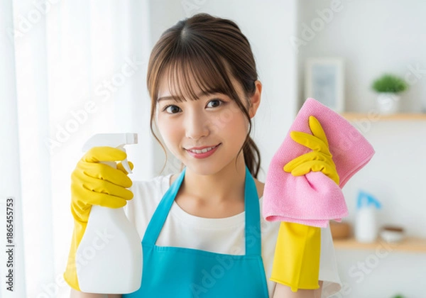 Obraz スプレーとクロスを手に明るい室内で掃除を楽しむ笑顔の女性