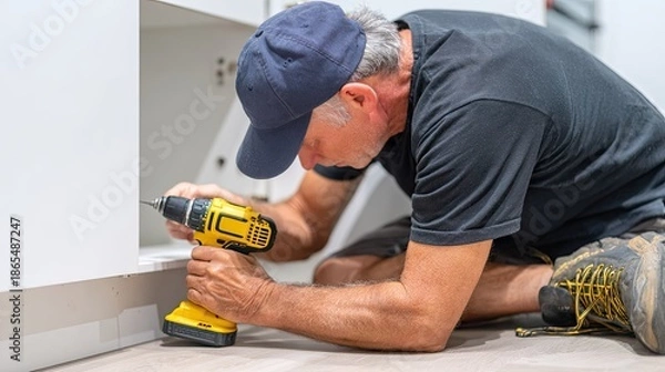 Fototapeta Worker using a drill to install kitchen cabinetry.