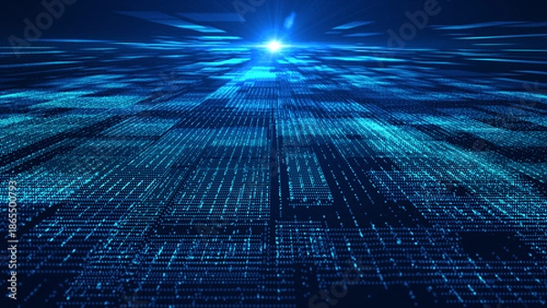 Obraz Digital data transfer concept with glowing blue grid and motion effect, perfect for technology, AI, and network background. 3d Rendering