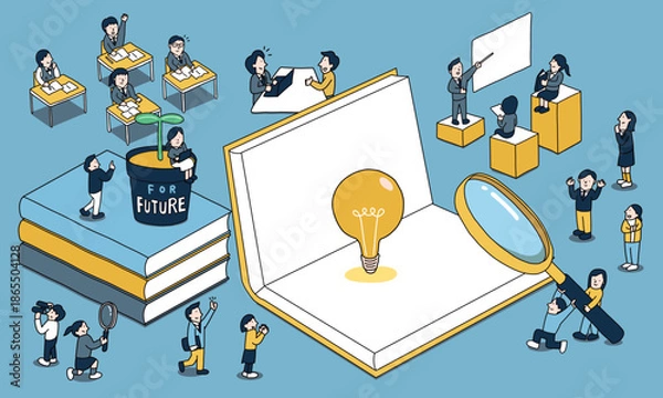 Obraz 学生たちが学校や塾などでの学習を通じて未来・将来に向けた成長をするイラスト