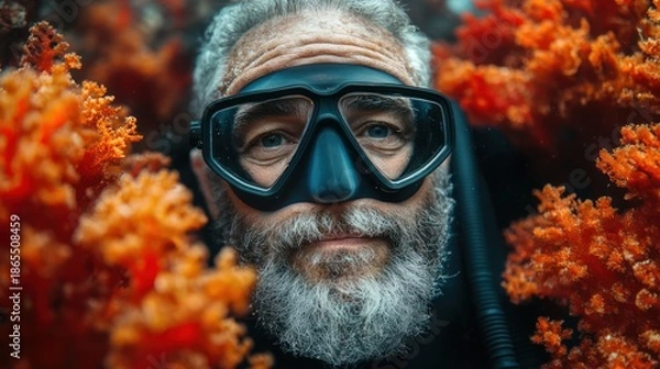 Obraz Senior diver exploring vibrant coral reef