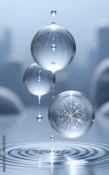 Obraz Floating glass spheres with light patterns, water ripples below.