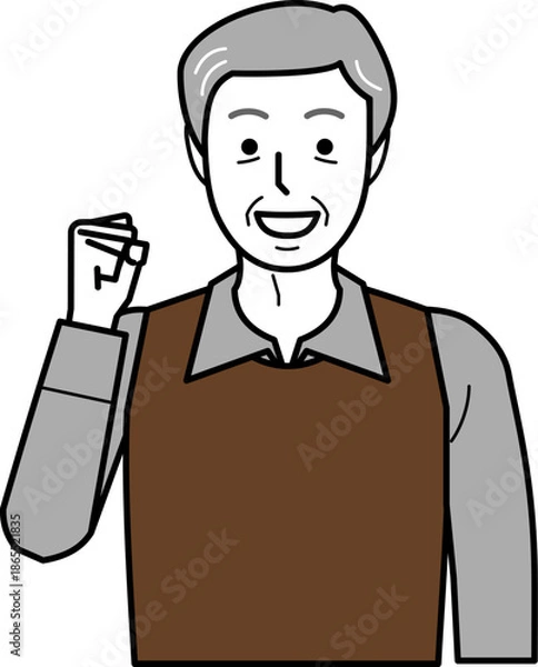 Fototapeta 正面向き。ガッツポーズをするシャツとベストを着た高齢男性。