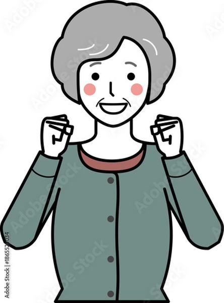 Fototapeta 正面向き。ガッツポーズをするカーディガンを着た高齢女性。