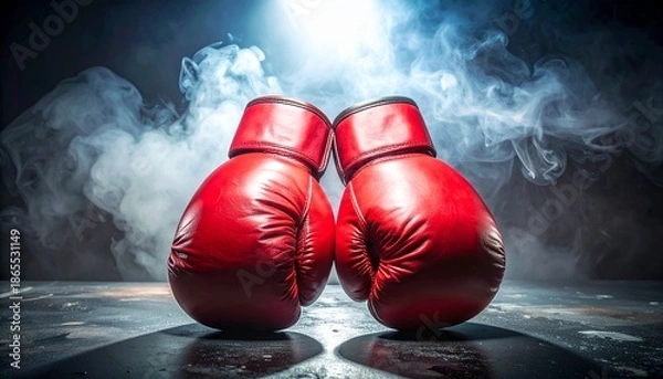Obraz 연기 속에서 서로 마주한 빨간 복싱 글러브 Red Boxing Gloves Facing Each Other in Dramatic Smoke