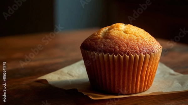 Fototapeta 重厚感のあるダークブラウンの木製テーブルに置かれた表面がカリッと焼き上がったプレーンマフィン