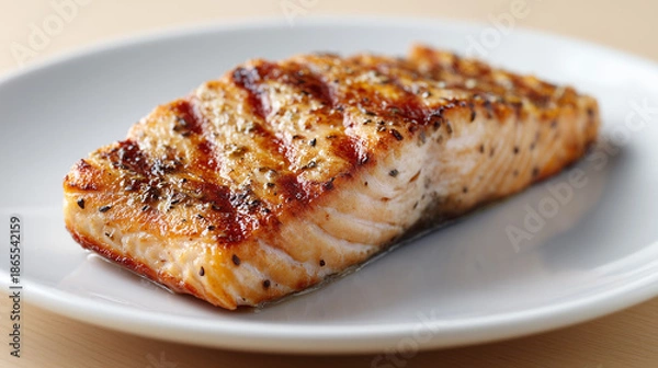 Fototapeta 斜めに走るこんがりとした焼き目が美しいハーブと黒胡椒で味付けされた厚切りサーモンのグリル