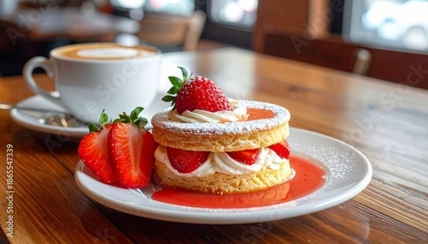 Obraz 테이블 위 커피와 함께한 딸기 쇼트케이크 디저트 Strawberry Shortcake Dessert with Coffee on Table