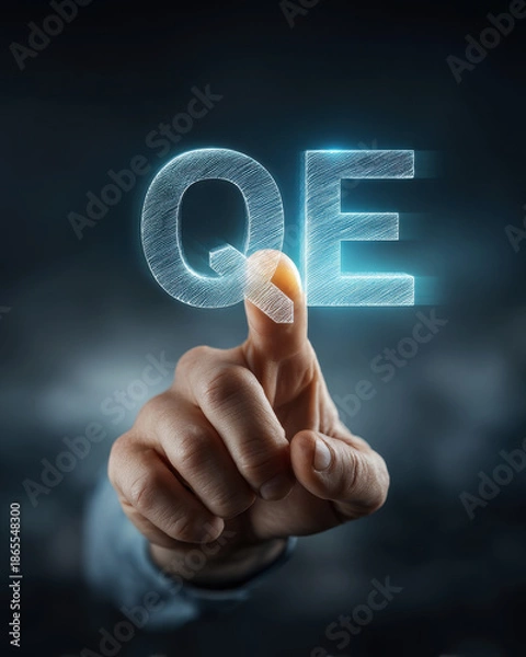 Obraz hand hovering above text display QE. Quantitative easing crisis and inflation concept .