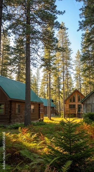 Obraz Rustic Log Cabins Among Tall Pine Trees in Forest