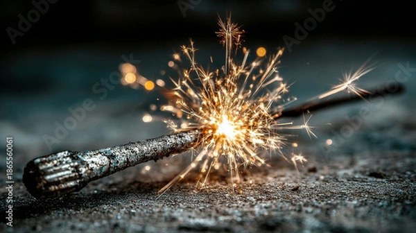 Obraz igniting sparkler with bright sparks on dark surface