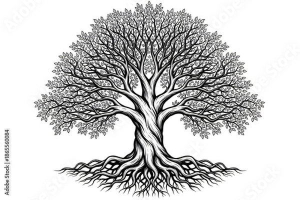 Obraz Detailed tree with sprawling roots and leafy branches