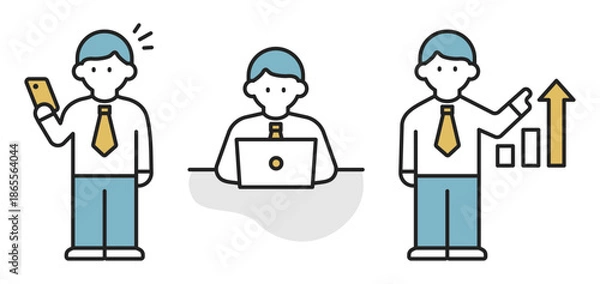 Fototapeta 仕事をする男性のビジネスアイコンセット（線幅変更可能・カラー）	
