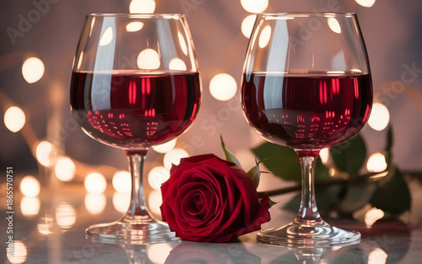 Obraz Romantic Wine Glasses with Red Rose