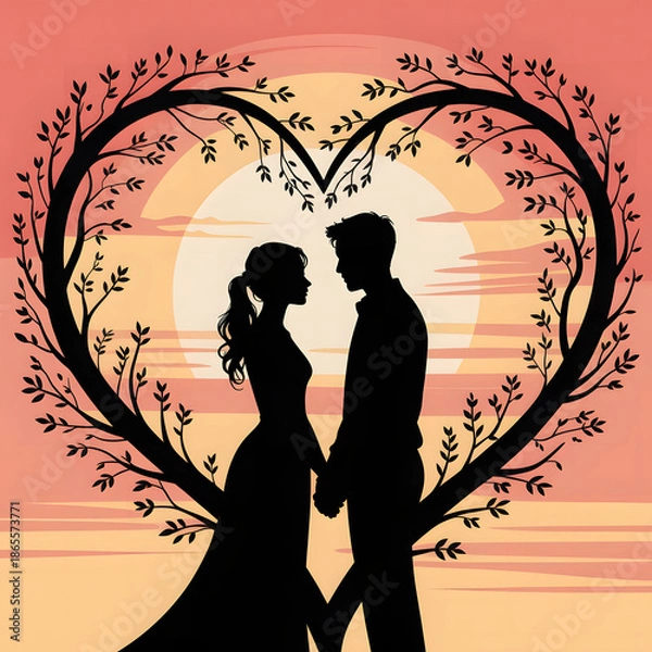 Obraz Romantic Couple Silhouette Inside Heart Frame
