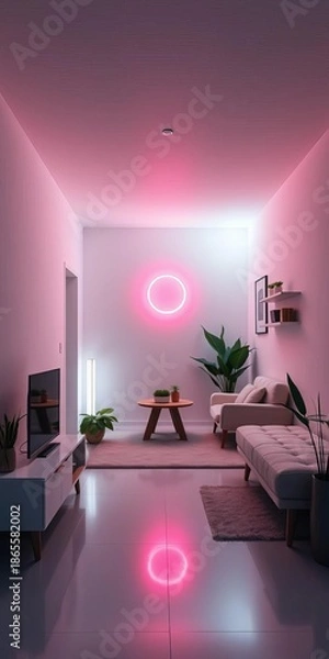 Obraz Minimalist modern dwelling interior, bathed in soft, diffused light, captured from a dramatic, tilted perspective,  studio,  studio shot