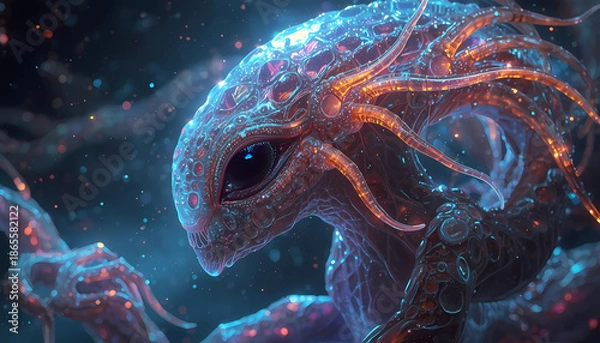 Obraz Glowing alien creature with tentacles in space