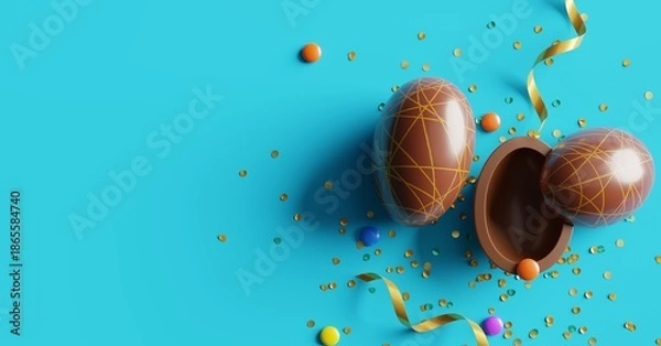 Obraz 3D Illustration. Flat lay Chocolate Easter Eggs on white background. 3D Rendering