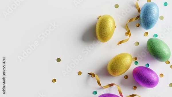 Obraz 3D Illustration. Flat lay Colorful Easter Eggs on white background. 3D Rendering