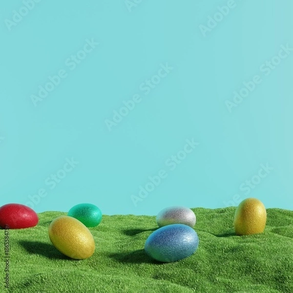 Obraz 3D Illustration. Colorful Easter Eggs on grass with blue background. 3D Rendering
