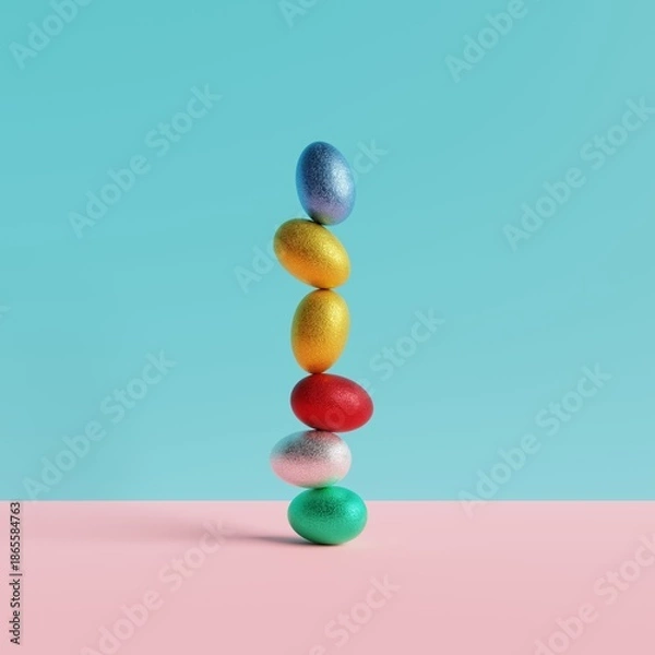 Obraz 3D Illustration. Vertical stack of colorful easter eggs. 3D Rendering