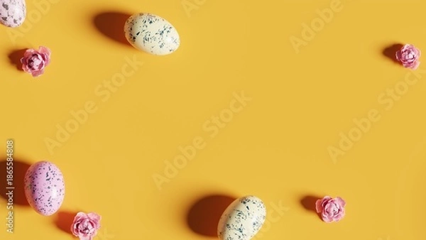 Obraz 3D Illustration. Flat lay Easter eggs on yellow background. 3D Rendering
