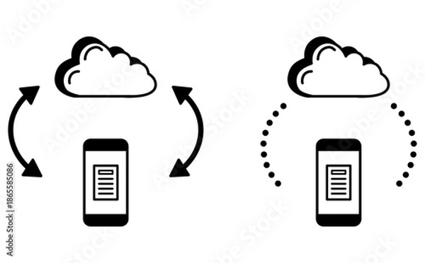 Fototapeta スマホとクラウドのデータの同期イメージ 白黒イラスト mobile cloud sync illustration
