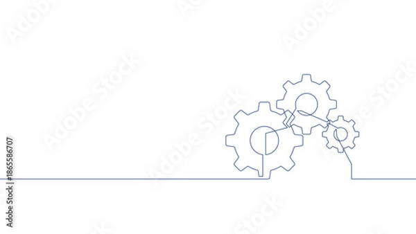 Obraz Continuous line connected gears illustration vector, mechanical system process and industrial workflow concept