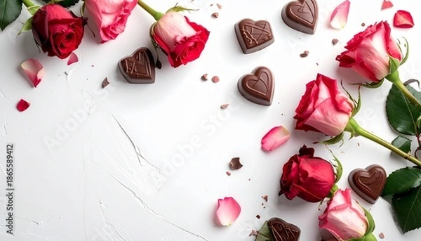 Obraz 白背景で映えるチョコとバラのバレンタイン素材