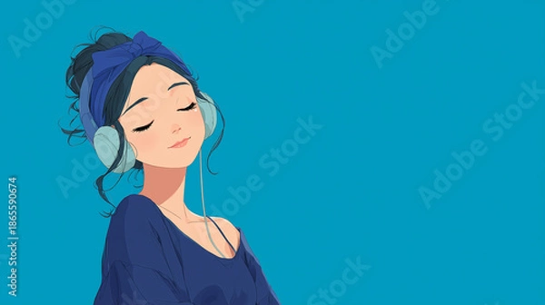Obraz ヘッドフォンで音楽を聞く女性をYouTube動画サムネイル用にアニメスタイルで描いたAI生成画