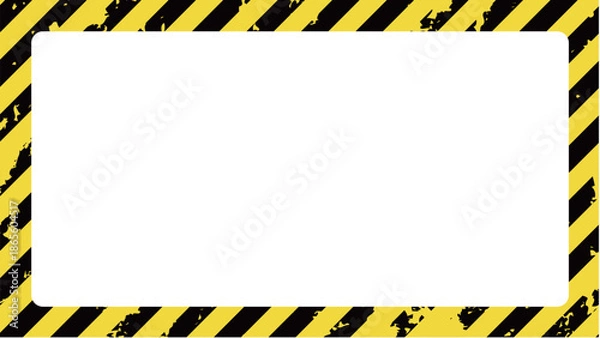 Obraz 擦れてレトロな雰囲気の黄色と黒の警告色の斜めなストライプの長方形フレーム。危険やエラーを警告する模様。四方を柄で囲まれた飾り枠のベクター素材。ビンテージな汚れのテクスチャ