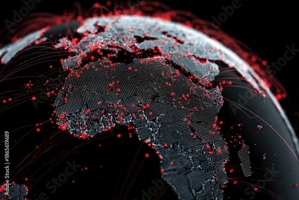 Obraz Digitally rendered globe with red dots and lines illustrating a complex network
