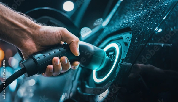 Obraz Hand plugging charging cable into electric vehicle socket at night close up