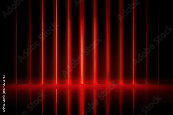 Obraz Vertical red glowing lines against a black backdrop with reflection below