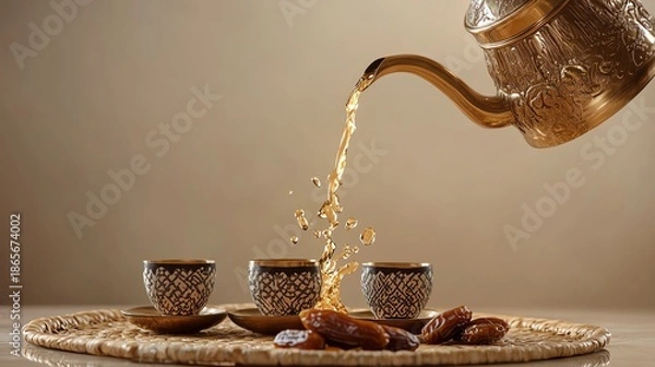 Obraz Tea pouring into ornate cups with dates.