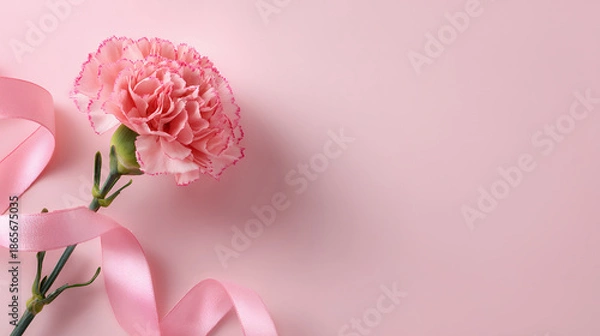 Obraz ピンクのカーネーションとリボンのやさしいフラワー背景