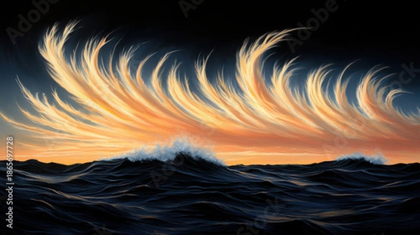Fototapeta Vibrant Sunset Over Ocean Waves with Dramatic Cloud Colors