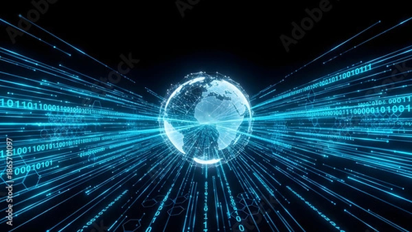 Fototapeta A futuristic digital globe surrounded by streams of binary code data