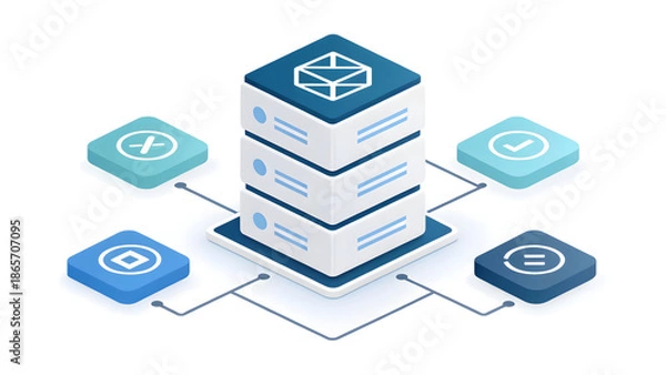 Obraz Modern server stack with connected icons for data management