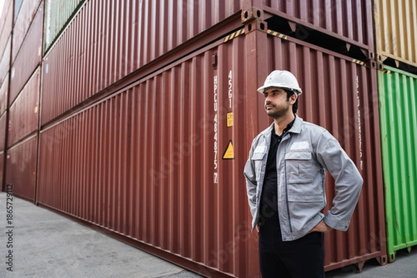 Obraz Portrait man logistics workers with container background