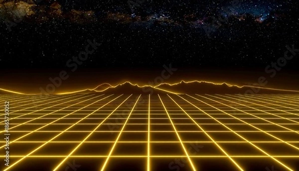 Obraz Glowing yellow grid pattern on dark background with starry night sky.