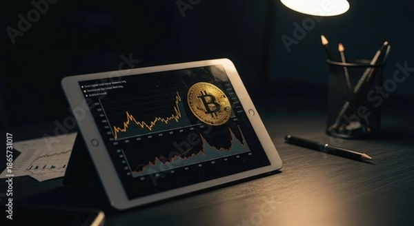Obraz Bitcoin Cryptocurrency Chart on Tablet, Dark Desk, Dramatic Lighting, Financial Analysis.
