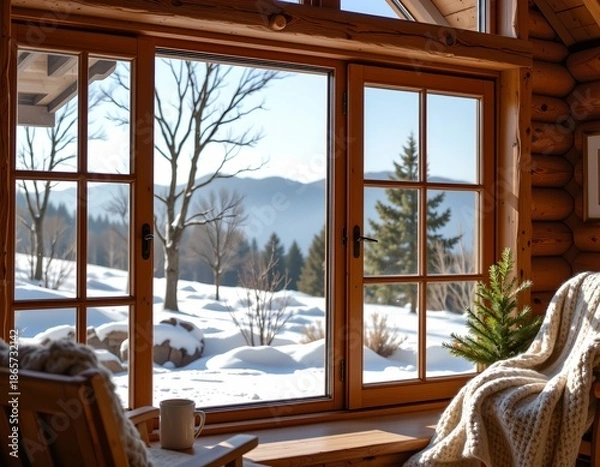 Obraz Cozy Winter Landscape Seen From Rustic Cabin Window